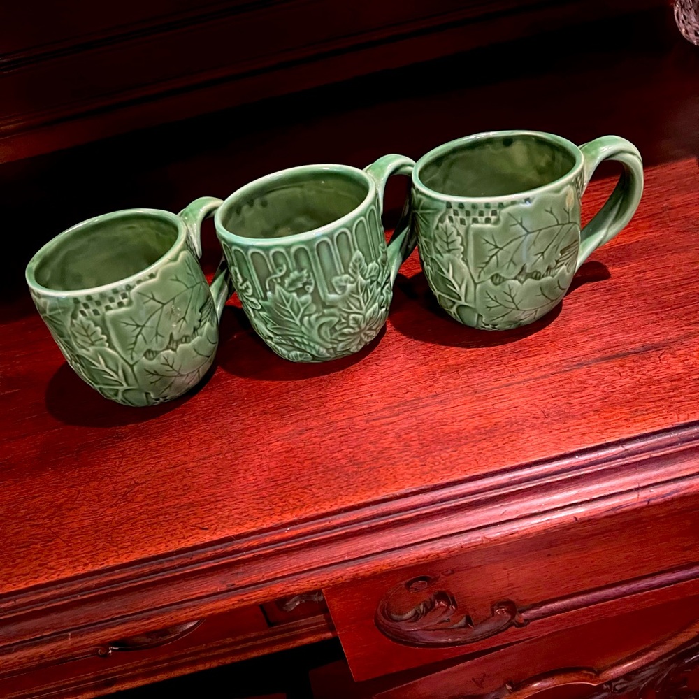 Perfect Patina Majorlica Green Mugs